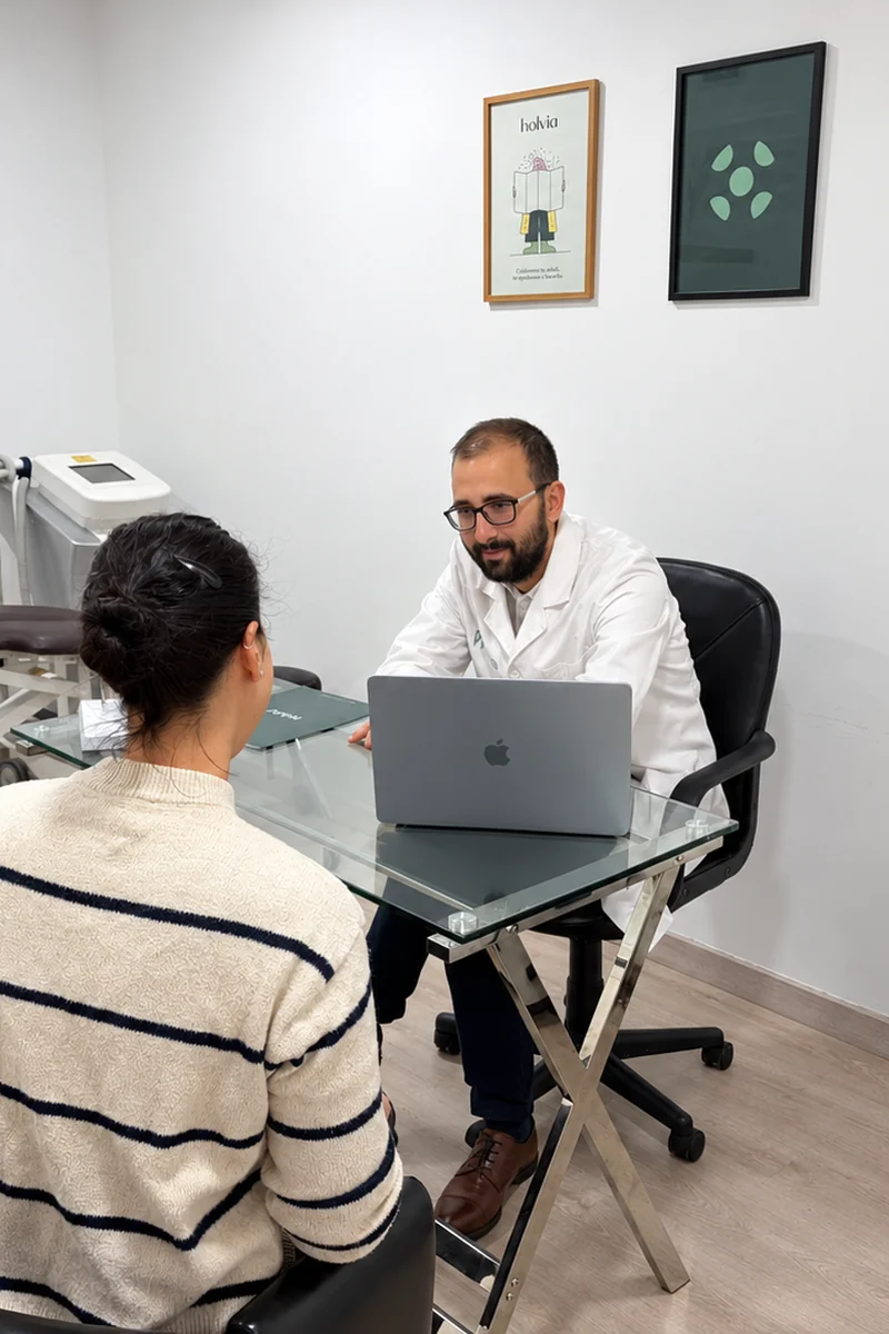 Médico de Holvia atendiendo a una paciente en la consulta de Chamberí, Madrid